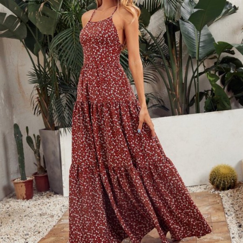Boho Floral Lace up Criss Cross Back Maxi Dress - Picture 5 of 7